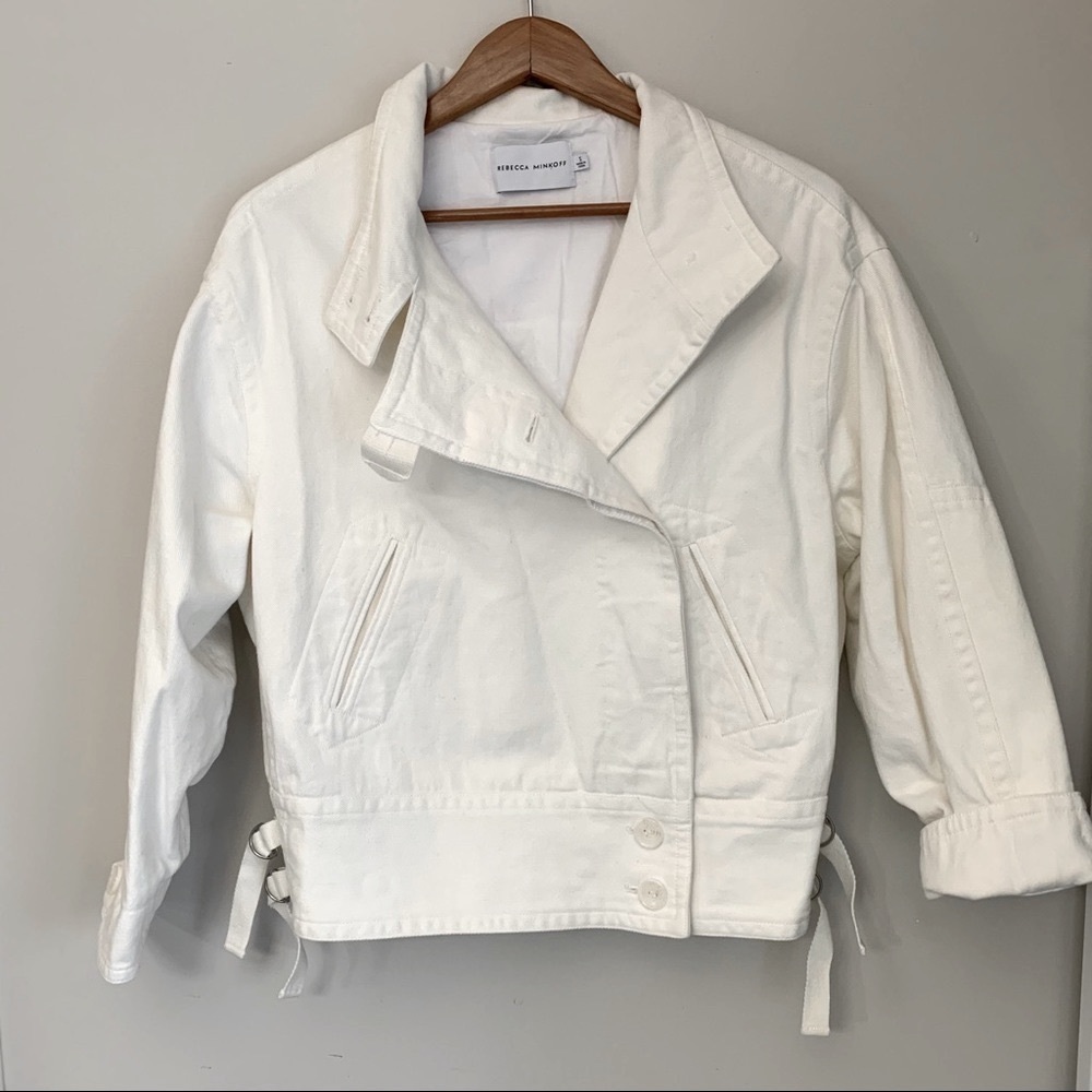 REBECCA Minkoff Allegra white denim jean bomber moto jacket small